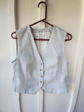 Zara Striped Waistcoat Vest Pinstripe V-Neck Button Front Size Medium